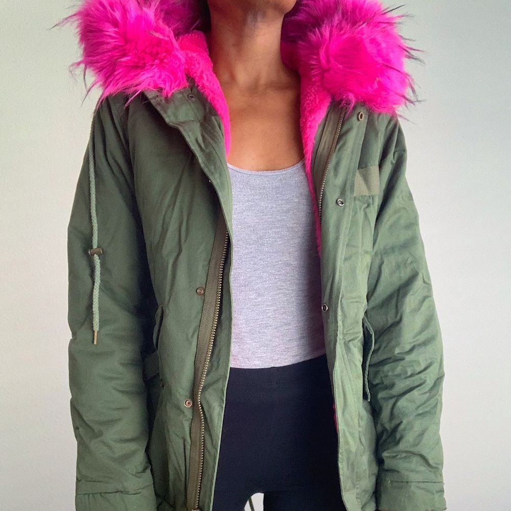 Cargo Jacket with Pink Faux Fur Trim